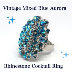 🆕Vintage Mixed Blue Aurora Rhinestone Cocktail Ring